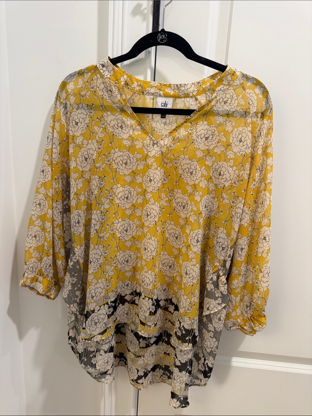 CAbi Yellow and Cream Floral V-Neck Tunic